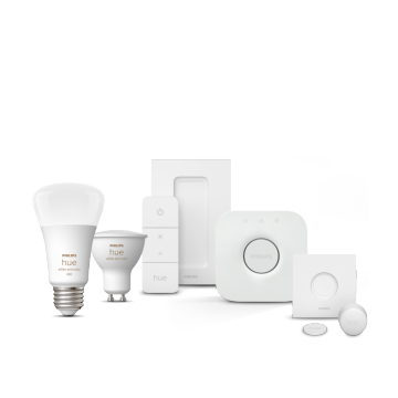 Kollektion der Philips Hue Lampen, Smart Home-Schalter und der Hue Bridge